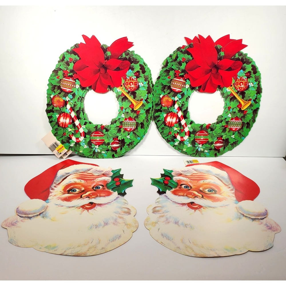 Eureka Christmas Cardstock Die Cut Wall Window Decorations Santa Wreaths QTY 4